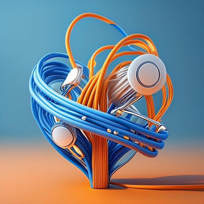 Firefly minimalistic very realistic photo like network cables security in blue, white, orange 22484